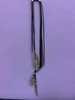 Fashion Jewelry Black Multi-Strand Cord Necklace with Silver Feather Pendants